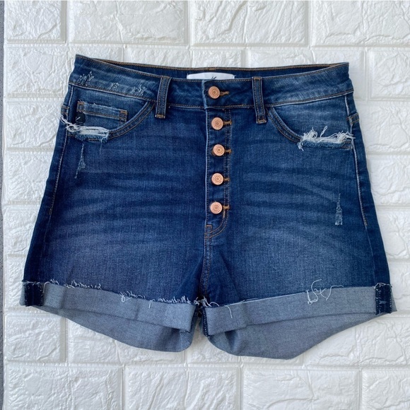 KanCan Women's Distressed Denim Button Fly High Rise Cutoff Shorts large - Picture 1 of 6